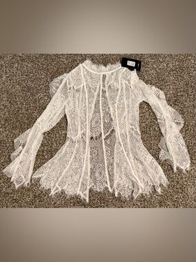 Women’s Fashion Nova High Neck Open Back Ruffle Long Sleeve Blouse ~ Sz S NWT